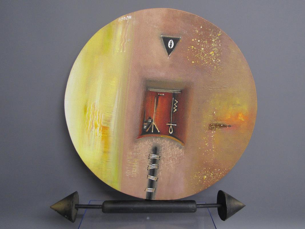 Collection of items includes African shield painted canvas, wooden home items, wooden figures, - Image 6 of 8