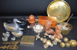 Selection of brass handles / door knobs / pair of gothic hinges, Victorian mahogany caddy, brass