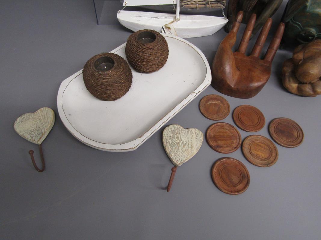 Collection of items includes African shield painted canvas, wooden home items, wooden figures, - Image 7 of 8