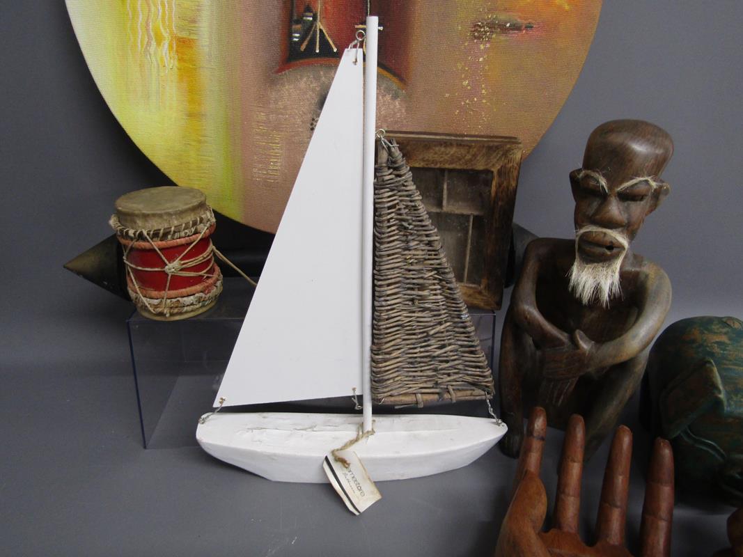 Collection of items includes African shield painted canvas, wooden home items, wooden figures, - Image 5 of 8