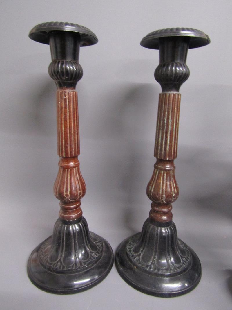 Collection of items includes African shield painted canvas, wooden home items, wooden figures, - Image 8 of 8