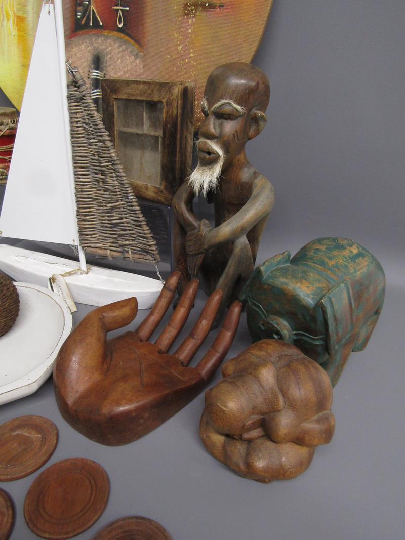 Collection of items includes African shield painted canvas, wooden home items, wooden figures, - Image 4 of 8