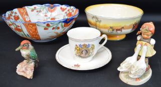 Imari pattern bowl (24.5cm dia.), Royal Doulton coaching scene bowl, Goebel goose girl figurine,