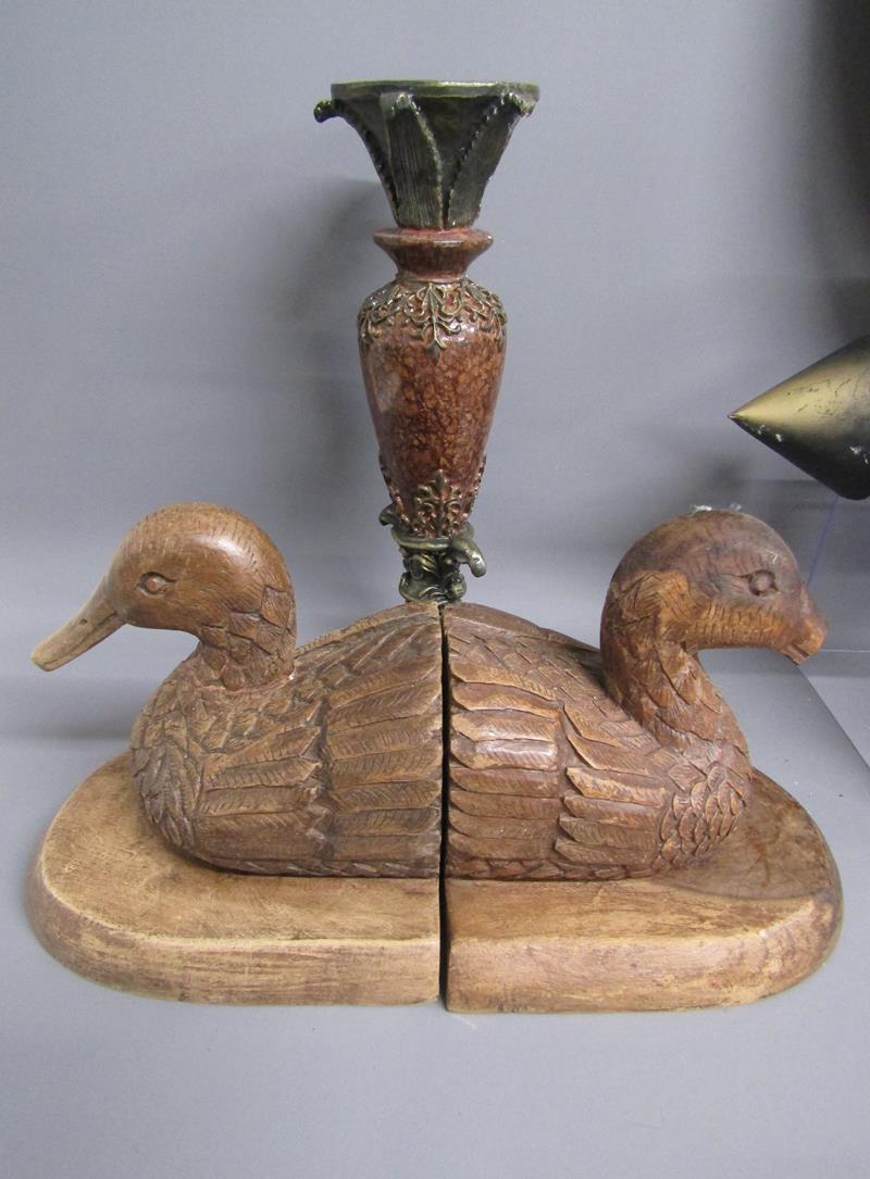 Collection of items includes African shield painted canvas, wooden home items, wooden figures, - Image 2 of 8