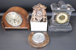 Victorian slate mantel clock, 1930s oak cased Westminster chime clock, oak framed aneroid