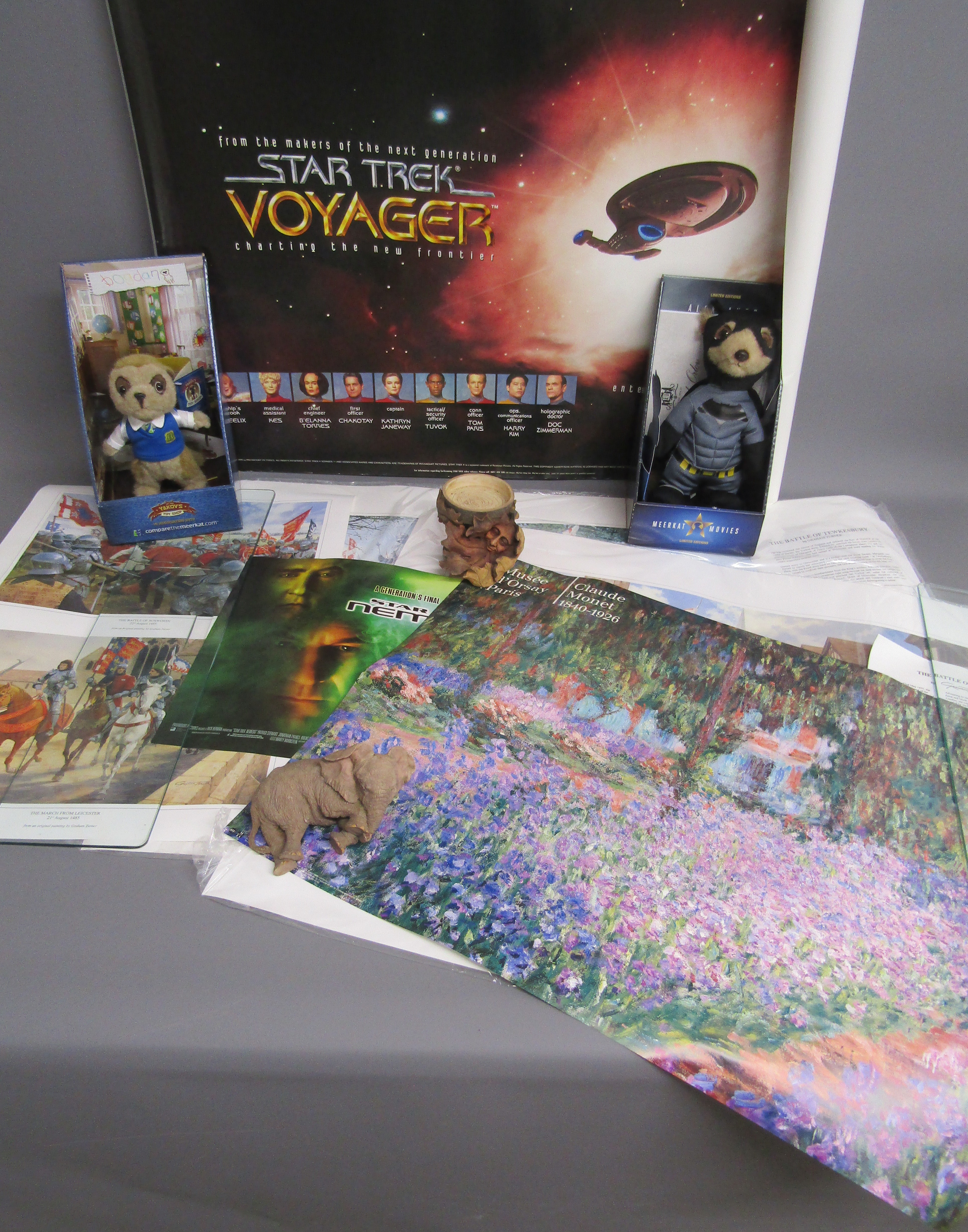 Compare the Meerkats Bogdan and Aleksander Batman, posters including Star Trek Voyager, Claude