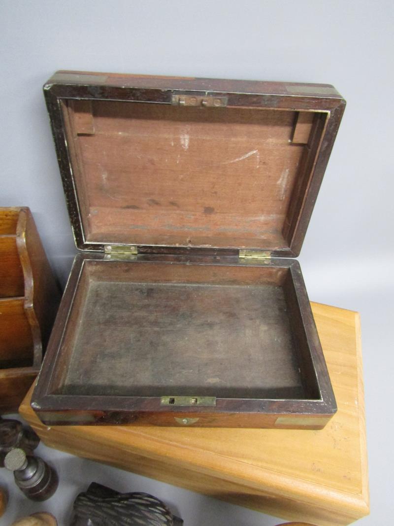 Collection of treen, includes brass banded box, lidded box, letter rack, glasses holder, etc - Image 6 of 6