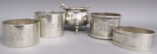 Silver napkin rings and salt with spoon - Atkin Brothers Sheffield 1935 monogrammed 'SR' 0.8ozt,