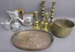 Picqout ware tea set, brass candle holders, planter and silver plate tray