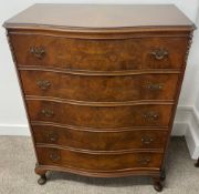 Early 20th century bow front chest of drawers in burr walnut veneer