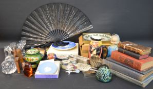 Duvelleroy fan with original box, Mdina, Wedgwood & clear bubble glass paperweights and a