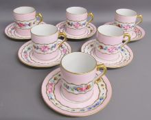 Royal Limoges Singer full size cups and saucers pink with white central band containing flowers with