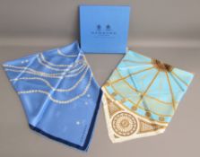 Garrard rolled edge scarf with pearl necklace design in box and one other unnamed scarf