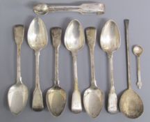 6 Georgian silver teaspoons engraved R to handle, F.Y. London silver spoon 1958, R.Lindsay Oban 1927
