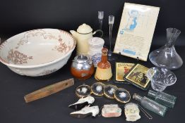 Clear glass decanter, pair of glass candlesticks, Victorian wash bowl, 2 old bottles, 2