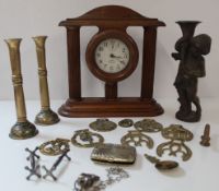 Decorative wooden clock and a collection of brassware