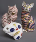 Herend Hungary orange cat also Royal Crown Derby cat and field mouse paperweights