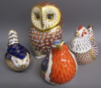 Royal Crown Derby Barn owl, hen, wren and robin paperweights