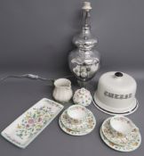 Minton Haddon Hall pair of trios and sandwich plate, Barleigh cheese dome, silvered lamp etc