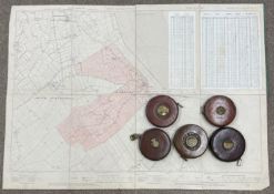 Five early leather cased surveyors tape measures & a folding hard back 1907 Ordnance Survey map of