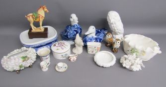 Collection of items includes Libra scale ducks, plant stand, Minton planter & toothpick holder,