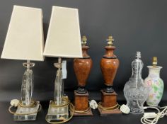 Pair of crystal table lamps (some bun feet missing), pair of wood effect table lamps & 2 others -