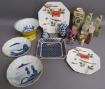 Collection of Oriental ware includes yellow bowl with fixed swivel base, blue and white bowls,