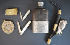 2 x silver and mother of pearl fruit knives, beaded purse, horn snuff box, late Victorian hip