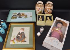 Pair of 20th century Satsuma vases, 2 Chinese boxed resin figures, Japanese 3d fabric picture,