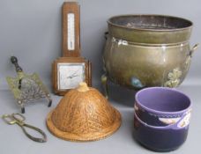 Cauldron style coal bucket and tongs, barometer, planter, kettle stand and Oriental hat