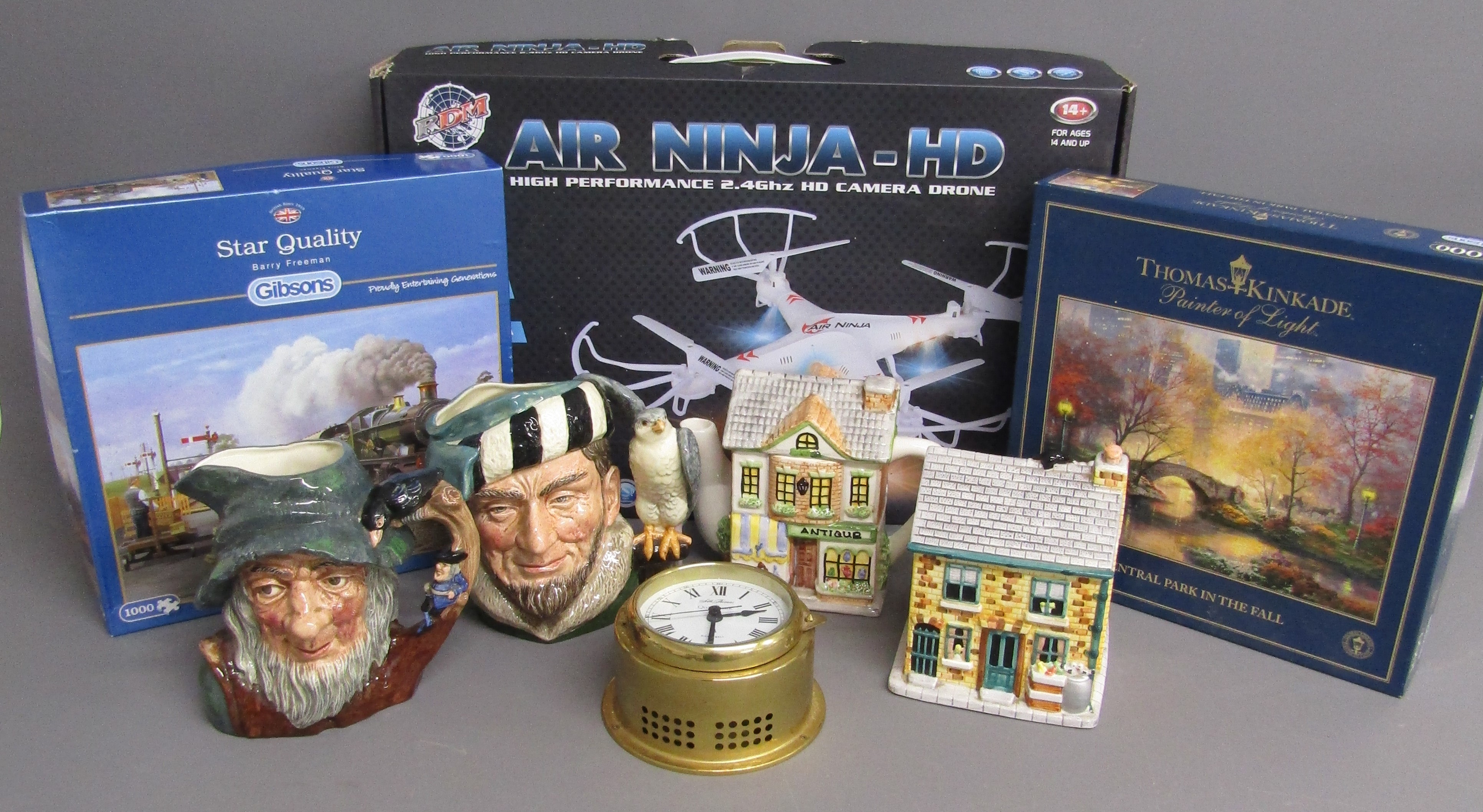 Seth Thomas quartzmatic ships bell clock, Royal Doulton Rip Van Winkle & The falconer tankards,