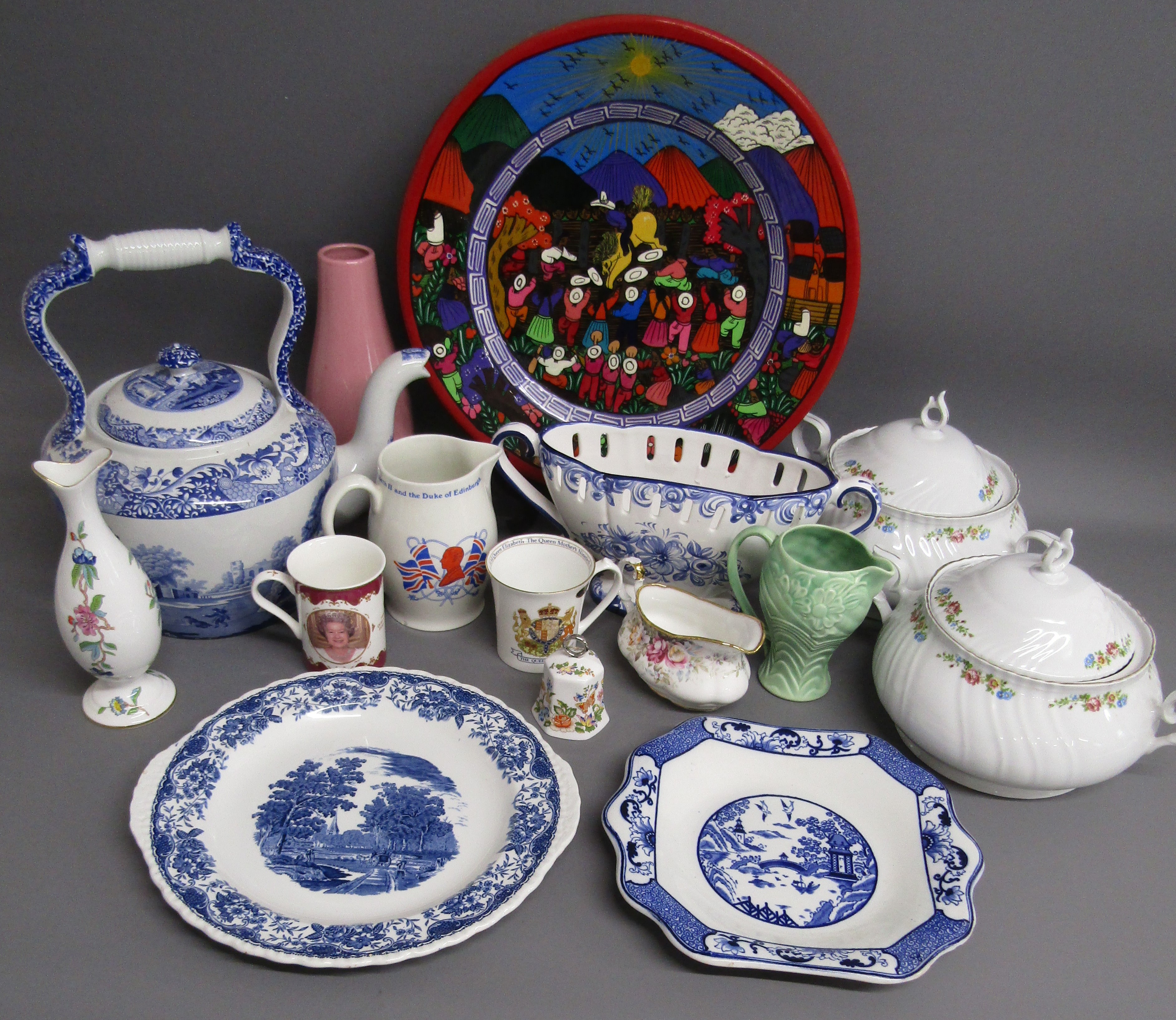 Spode Italian oversized teapot, Aynsley, Wade green jug, large terracotta plate with colourful rodeo