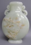 Pale green jade moonflask with later applied prunus design - approx. 15cm tall & 11cm wide -