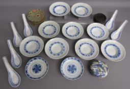 Collection of Chinese bowls and spoons also wax seal pot, sealed shut and damage to lid, 2 footed