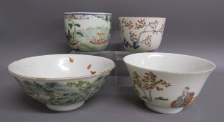 2 Chinese porcelain tea bowls and 2 Chinese porcelain bowls - white tea bowl with landscape scene