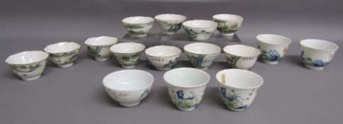 16 Chinese porcelain tea bowls - 11 small cups of slight varying shapes with similar landscape