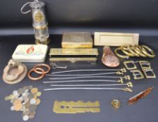 Selection of copper & brass collectables including 2 bull rings, cribbage board, spirit level,