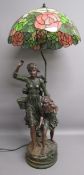 Bronze effect table lamp of Flower collector and child with a Tiffany style lampshade - figure