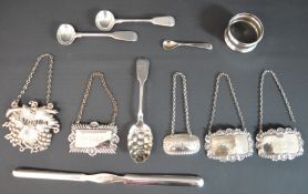 3 silver decanter labels London 1847, Birmingham 1966 & London 1966, silver napkin ring, Victorian