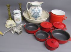 Brass candlesticks, Villeroy & Boch pot metal pot with handle, metal cooking pan, terracotta cooking