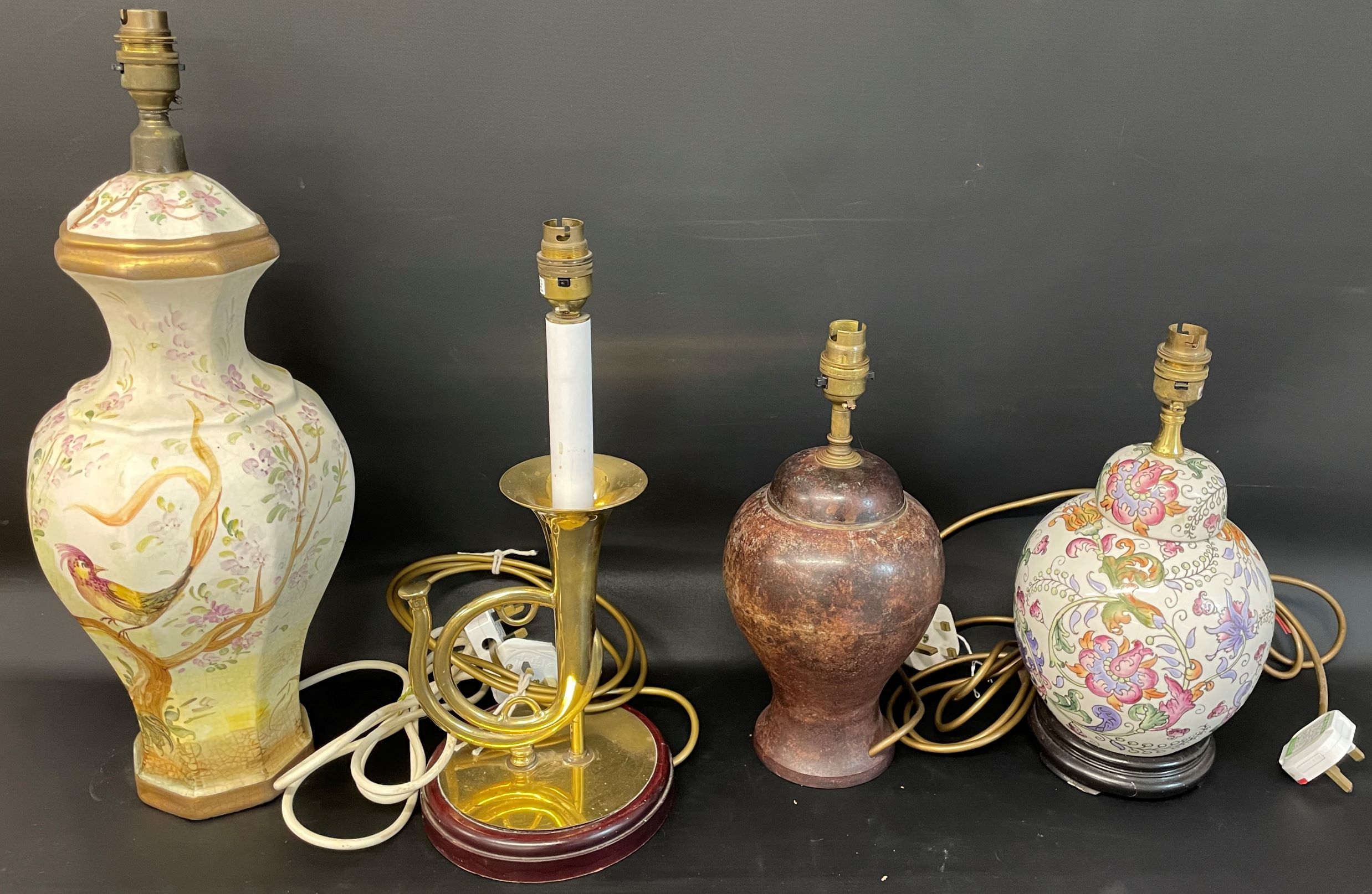 4 table lamps including a Thomas Blackmore French horn lamp - plugs removed