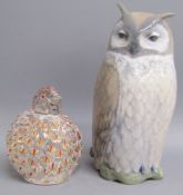 Royal Copenhagen 2999 long eared owl and glass quail paperweight with orange and gold design