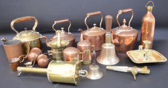 Selection of copper & brass including Wormull & Co bottle jack, pestle & mortar, old school hand