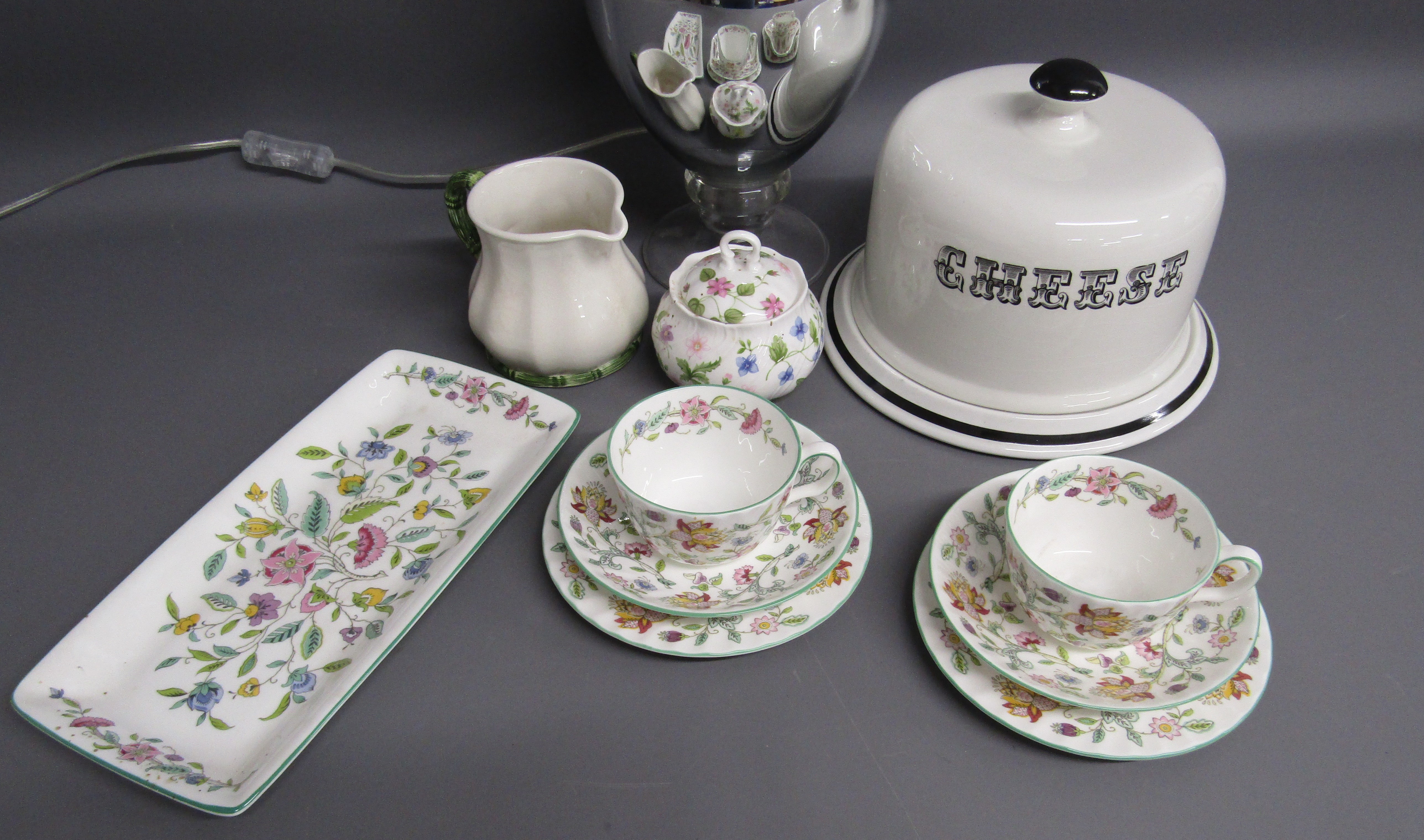 Minton Haddon Hall pair of trios and sandwich plate, Barleigh cheese dome, silvered lamp etc - Image 2 of 2