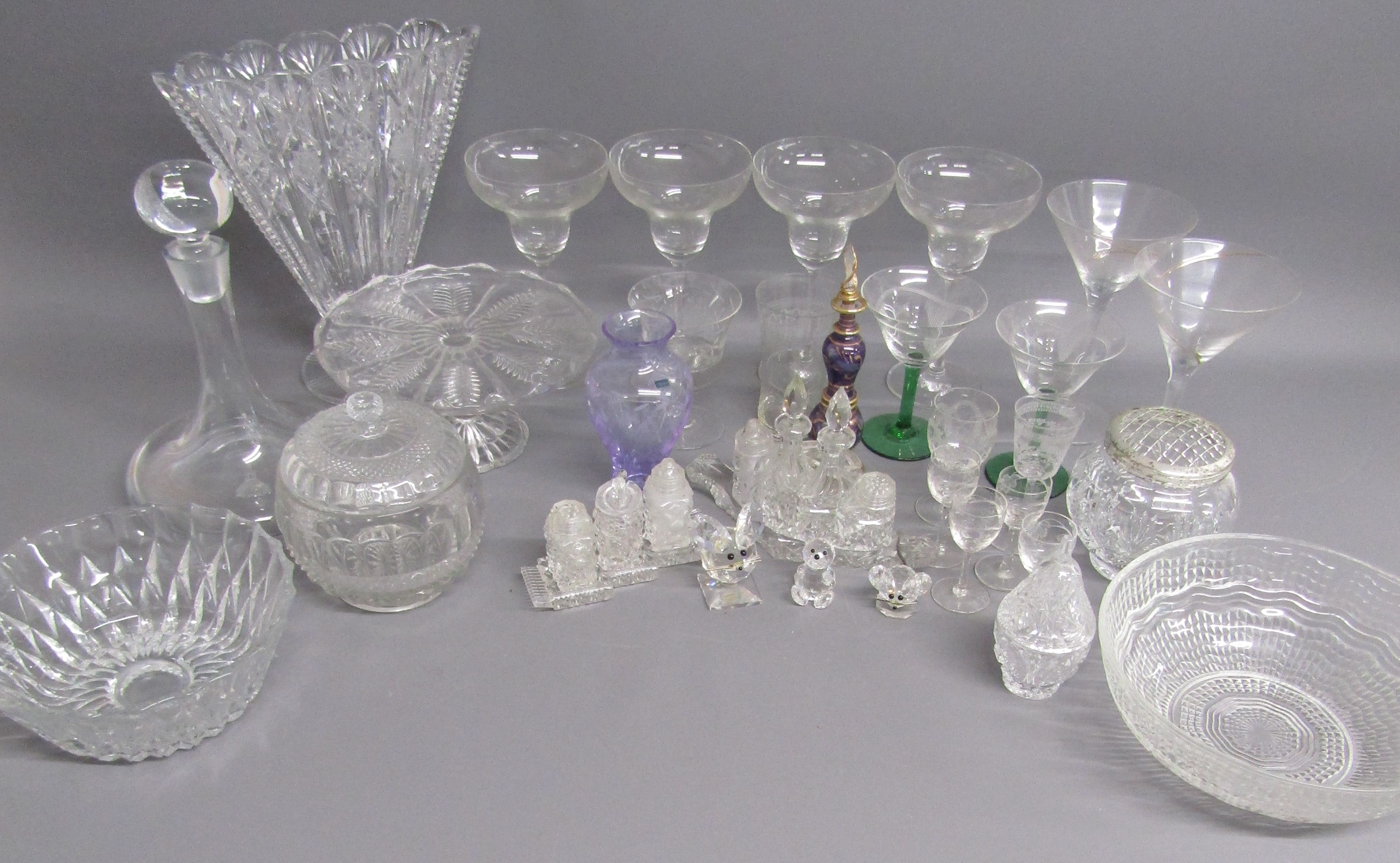 Collection of glassware includes Kenwick Park ships decanter, Caithness crystal vase, condiment