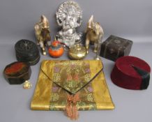 Oriental collection includes Ganesha (missing arm), elephants, fez, table runner, pots etc