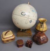 Cram's antique world globe light , lidded wooden boxes and wooden vase with lace up design