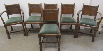 2 carvers and 4 dining chairs with Portcullis design to backs and green velvet seats