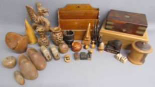 Collection of treen, includes brass banded box, lidded box, letter rack, glasses holder, etc