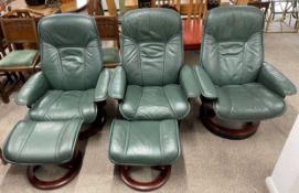 3 Stressless swivel recliner leather chairs & two footstools